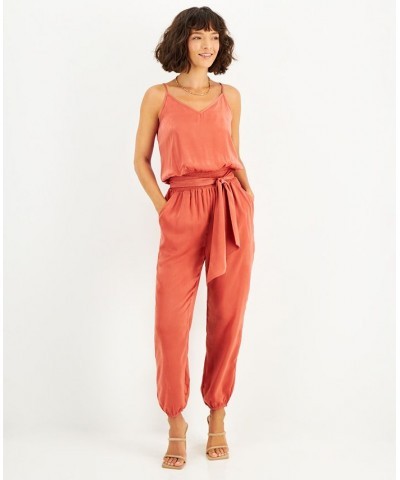 Women's Sleeveless Belted Satin Jumpsuit Red $35.19 Pants