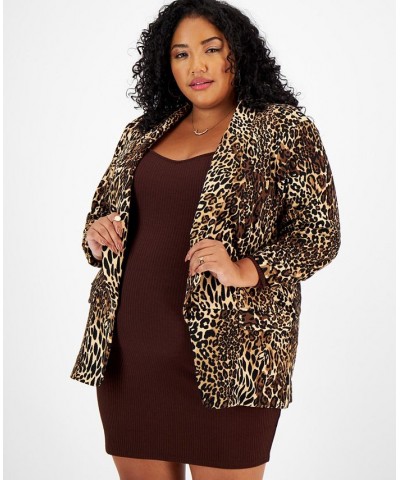 Plus Size Animal-Print Ruched-Sleeve Boyfriend Blazer Charm Cheetah Black $19.08 Jackets