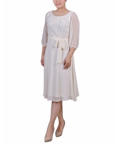 Women's 3/4 Sleeve Clip Dot Dress White $16.77 Dresses