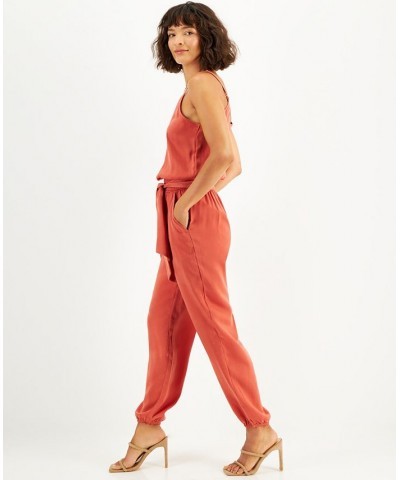 Women's Sleeveless Belted Satin Jumpsuit Red $35.19 Pants