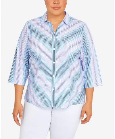 Plus Size Classic Mitered Stripe Button Down Top Blue $31.61 Tops