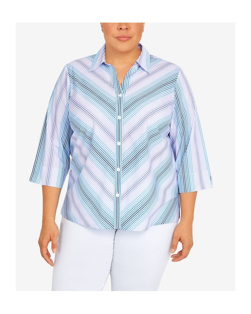 Plus Size Classic Mitered Stripe Button Down Top Blue $31.61 Tops