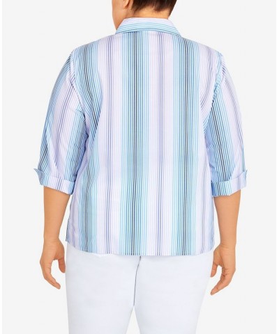 Plus Size Classic Mitered Stripe Button Down Top Blue $31.61 Tops