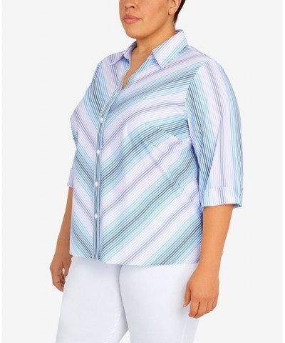 Plus Size Classic Mitered Stripe Button Down Top Blue $31.61 Tops