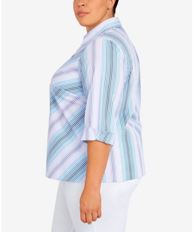 Plus Size Classic Mitered Stripe Button Down Top Blue $31.61 Tops