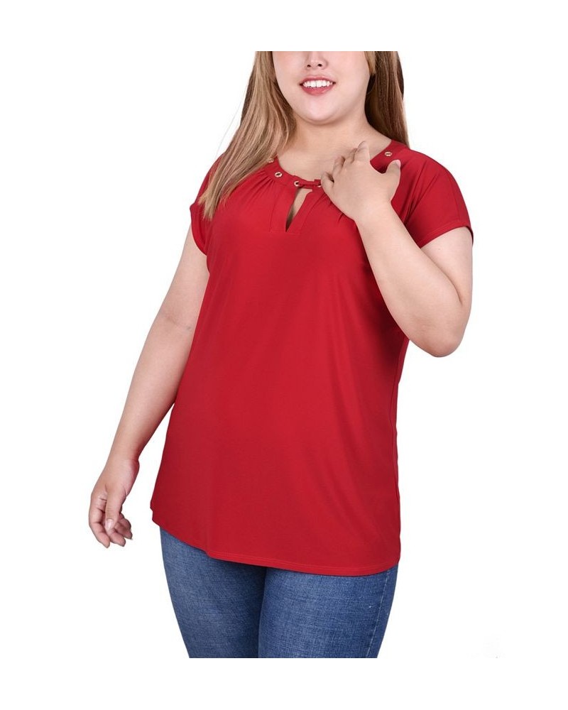 Plus Size Short Sleeve Grommet Top with Keyhole Red $14.35 Tops
