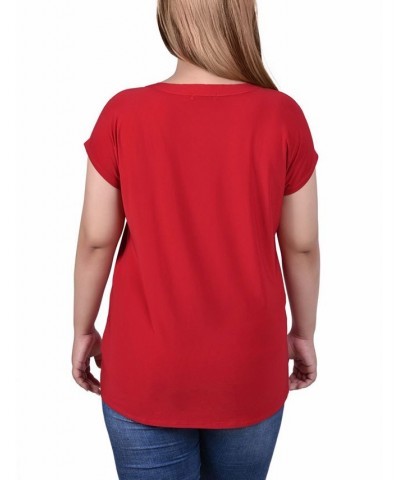 Plus Size Short Sleeve Grommet Top with Keyhole Red $14.35 Tops