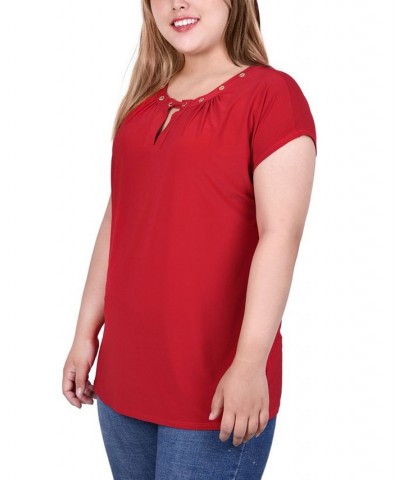 Plus Size Short Sleeve Grommet Top with Keyhole Red $14.35 Tops