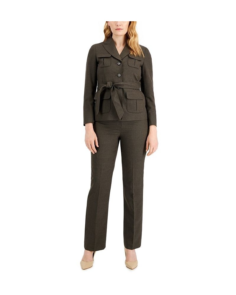 Women's Belted Jacket Pantsuit Regular and Petite Sizes Brown $53.20 Pants