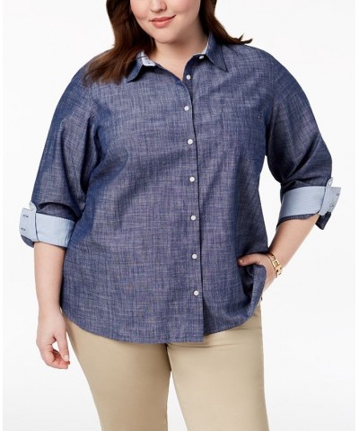 Plus Size Cotton Chambray Roll-Sleeve Shirt Chambray $28.04 Tops