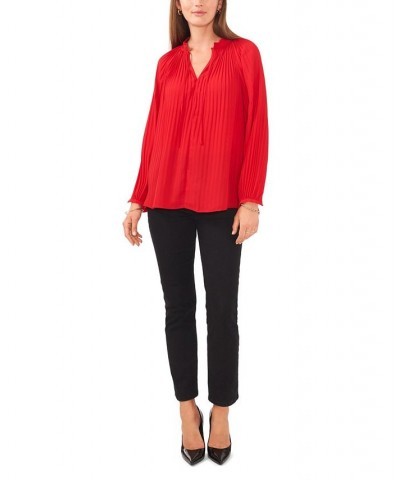 Women's Pleated Raglan V-neck Blouse Red Hot $33.31 Tops