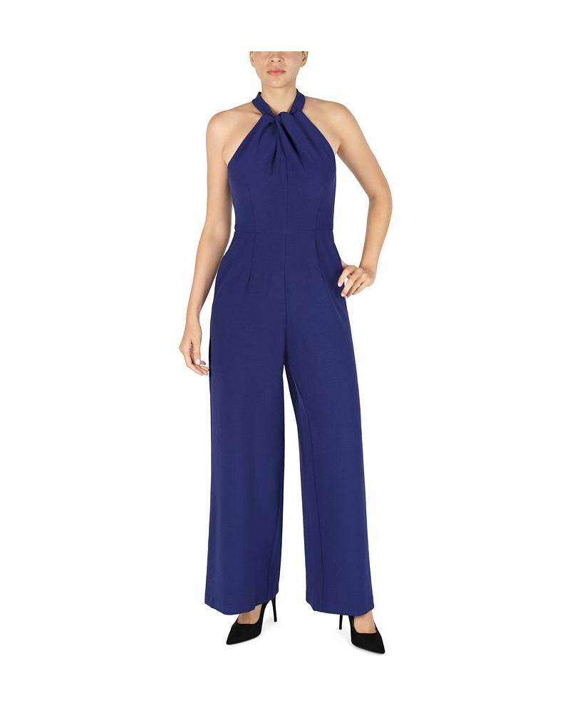 Twist-Front Halter Jumpsuit Indigo $60.68 Pants