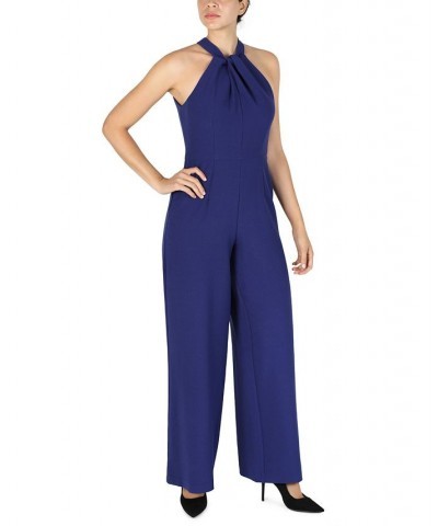 Twist-Front Halter Jumpsuit Indigo $60.68 Pants