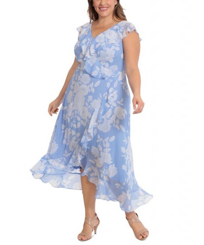 Plus Size Ruffled Floral-Print Faux-Wrap Dress Blue/White $40.46 Dresses