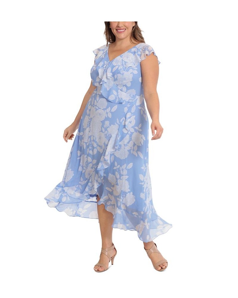 Plus Size Ruffled Floral-Print Faux-Wrap Dress Blue/White $40.46 Dresses