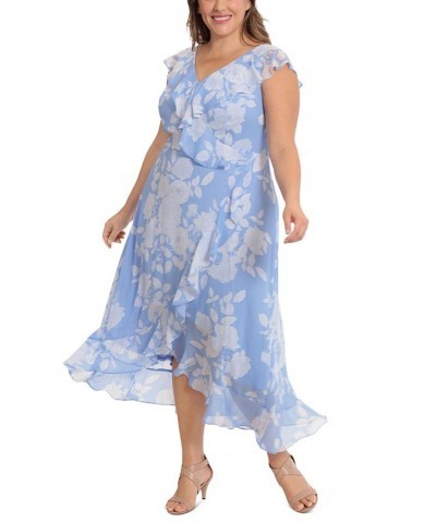 Plus Size Ruffled Floral-Print Faux-Wrap Dress Blue/White $40.46 Dresses