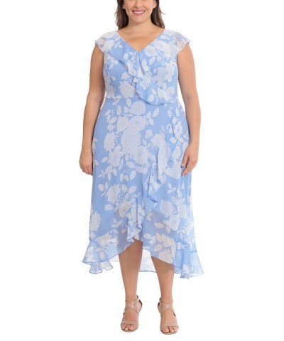 Plus Size Ruffled Floral-Print Faux-Wrap Dress Blue/White $40.46 Dresses