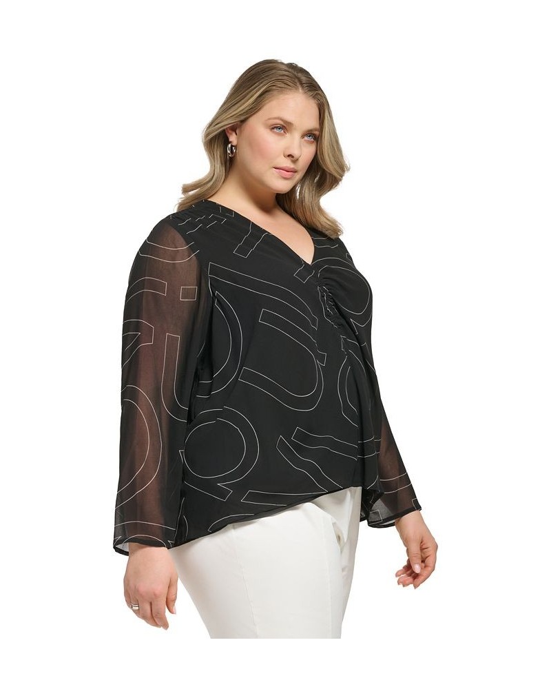 Plus Size V-Neck Sheer-Sleeve Logo Blouse Black/White $35.04 Tops