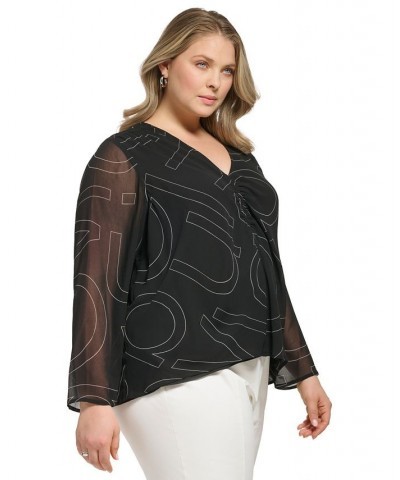 Plus Size V-Neck Sheer-Sleeve Logo Blouse Black/White $35.04 Tops