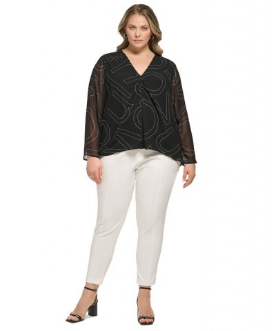 Plus Size V-Neck Sheer-Sleeve Logo Blouse Black/White $35.04 Tops