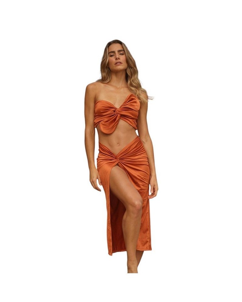 Cartagena Resortwear Set - Strapless Top - Long Skirt - Orange Orange $82.44 Swimsuits
