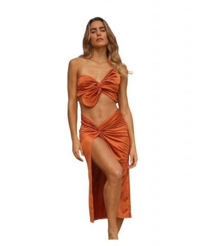 Cartagena Resortwear Set - Strapless Top - Long Skirt - Orange Orange $82.44 Swimsuits