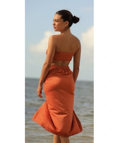 Cartagena Resortwear Set - Strapless Top - Long Skirt - Orange Orange $82.44 Swimsuits