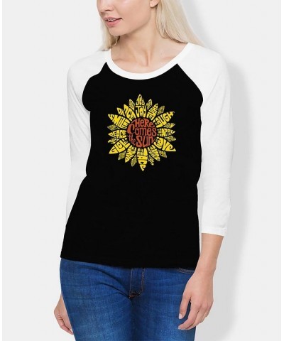 Women's Raglan Sunflower Word Art T-shirt Black, White $22.00 Tops