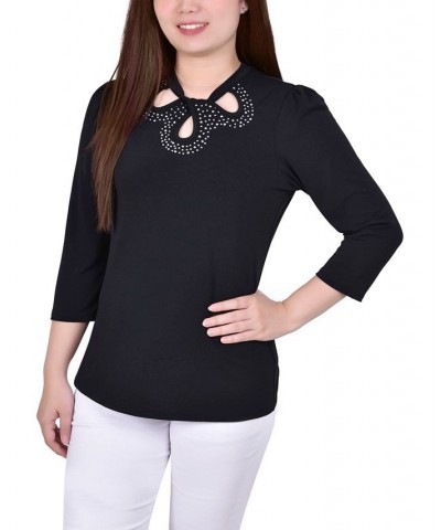 Women's 3/4 Sleeve Knit Crepe Top Black $14.26 Tops