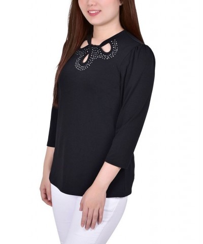 Women's 3/4 Sleeve Knit Crepe Top Black $14.26 Tops