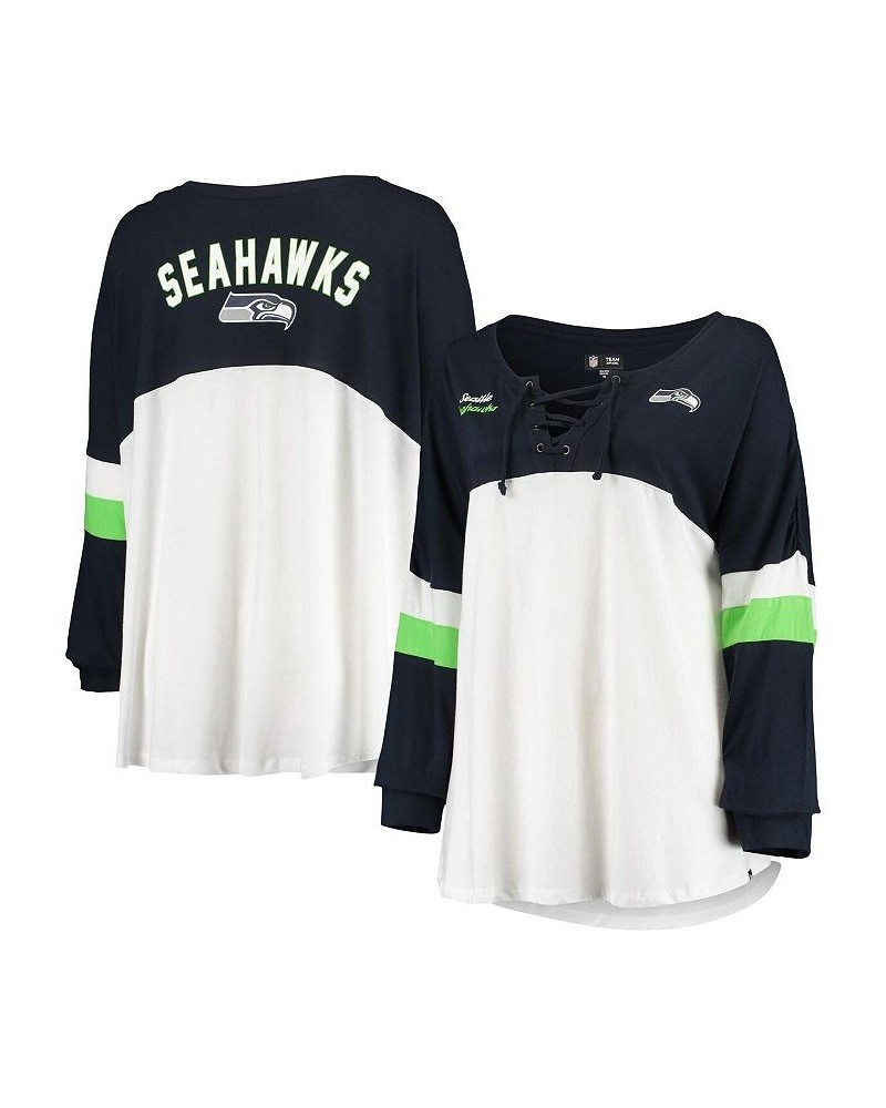 Women's White College Navy Seattle Seahawks Plus Size Athletic Varsity Lace-Up V-Neck Long Sleeve T-shirt White $20.16 Tops