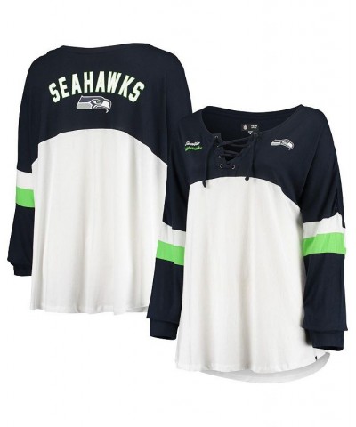 Women's White College Navy Seattle Seahawks Plus Size Athletic Varsity Lace-Up V-Neck Long Sleeve T-shirt White $20.16 Tops