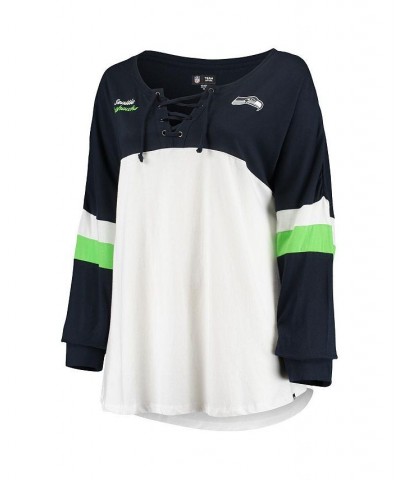 Women's White College Navy Seattle Seahawks Plus Size Athletic Varsity Lace-Up V-Neck Long Sleeve T-shirt White $20.16 Tops