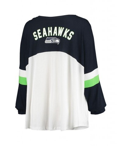 Women's White College Navy Seattle Seahawks Plus Size Athletic Varsity Lace-Up V-Neck Long Sleeve T-shirt White $20.16 Tops