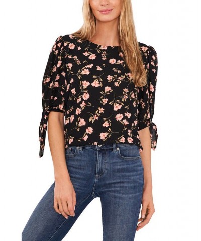 Women's Coastal Floral Tie Sleeve Blouse Rich Black $39.50 Tops