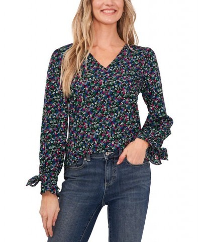 Women's Long Sleeve V-Neck Tie Sleeve Blouse Rich Black $41.08 Tops