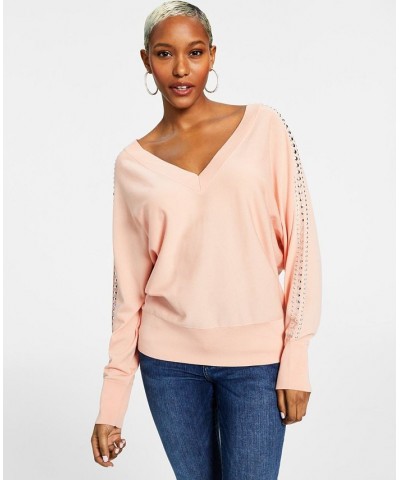 Women's Studded Dolman-Sleeve Sweater Pink $27.36 Sweaters