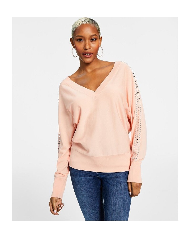 Women's Studded Dolman-Sleeve Sweater Pink $27.36 Sweaters