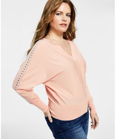 Women's Studded Dolman-Sleeve Sweater Pink $27.36 Sweaters