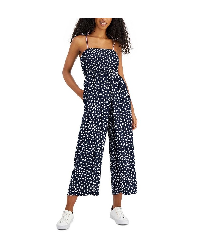 Women's Dot-Print Smocked Sleeveless Jumpsuit Adriana Dot- Sky Captain/ivory $54.75 Pants