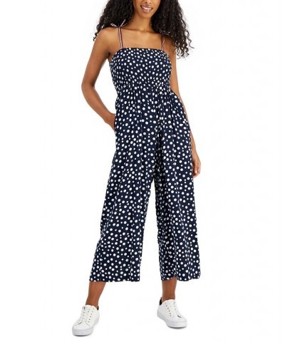 Women's Dot-Print Smocked Sleeveless Jumpsuit Adriana Dot- Sky Captain/ivory $54.75 Pants