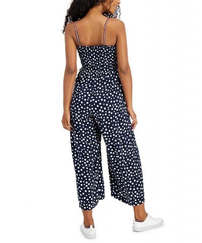 Women's Dot-Print Smocked Sleeveless Jumpsuit Adriana Dot- Sky Captain/ivory $54.75 Pants