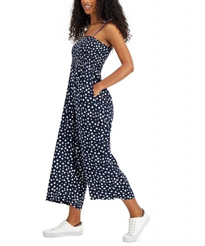 Women's Dot-Print Smocked Sleeveless Jumpsuit Adriana Dot- Sky Captain/ivory $54.75 Pants