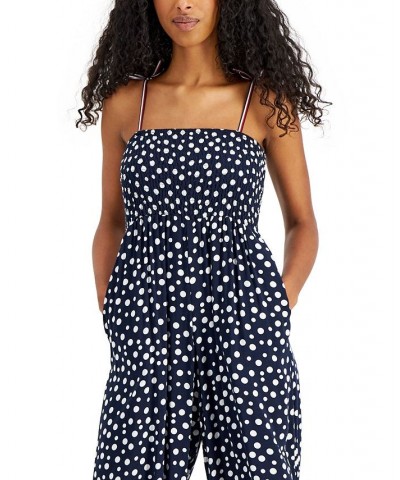 Women's Dot-Print Smocked Sleeveless Jumpsuit Adriana Dot- Sky Captain/ivory $54.75 Pants