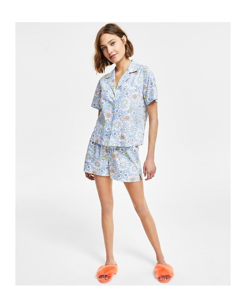 Women's Woven Notched-Collar Short Pajamas Set Blue $17.28 Sleepwear