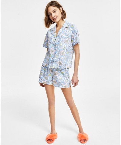 Women's Woven Notched-Collar Short Pajamas Set Blue $17.28 Sleepwear