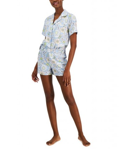 Women's Woven Notched-Collar Short Pajamas Set Blue $17.28 Sleepwear