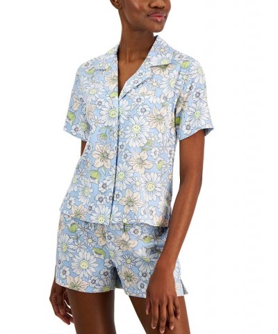 Women's Woven Notched-Collar Short Pajamas Set Blue $17.28 Sleepwear