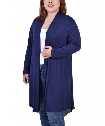 Plus Size Long Sleeve Knit Cardigan with Chiffon Back Blue $18.48 Sweaters