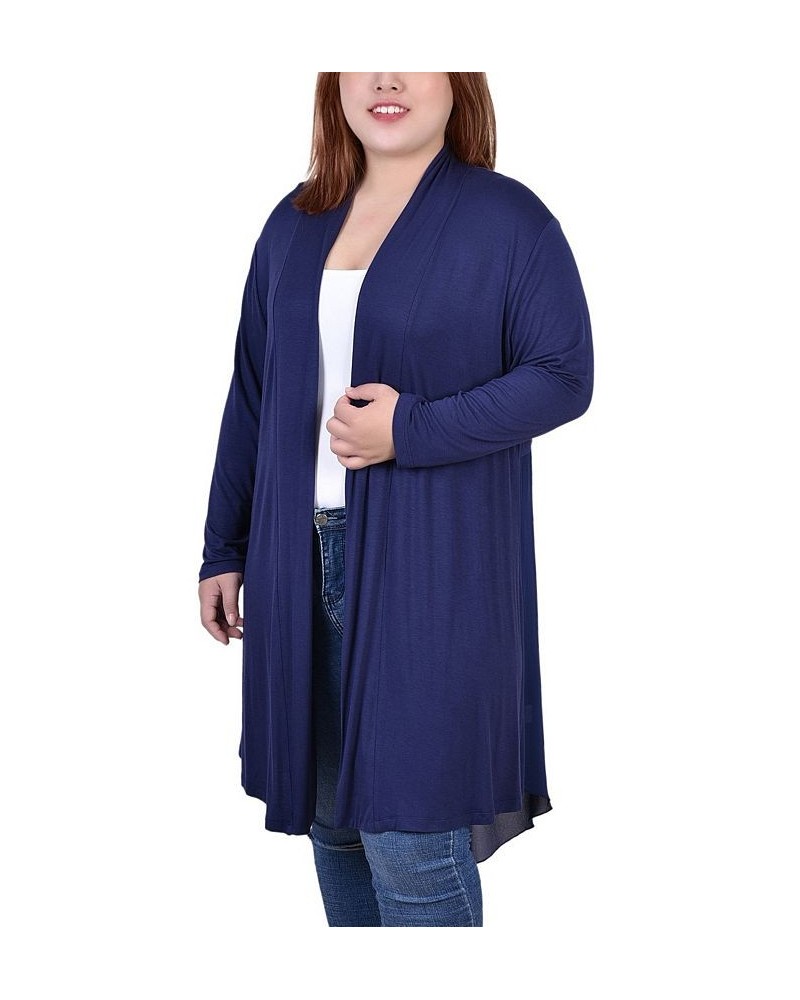 Plus Size Long Sleeve Knit Cardigan with Chiffon Back Blue $18.48 Sweaters